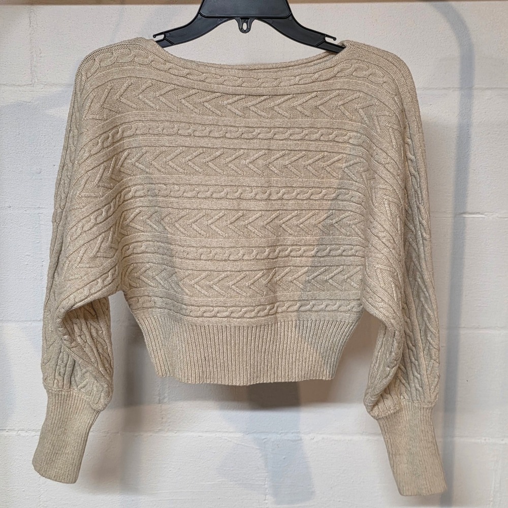 Allie Rose Beige Soft Cable Knit Cropped Dolman Sweater Boat Neck Oatmeal Small